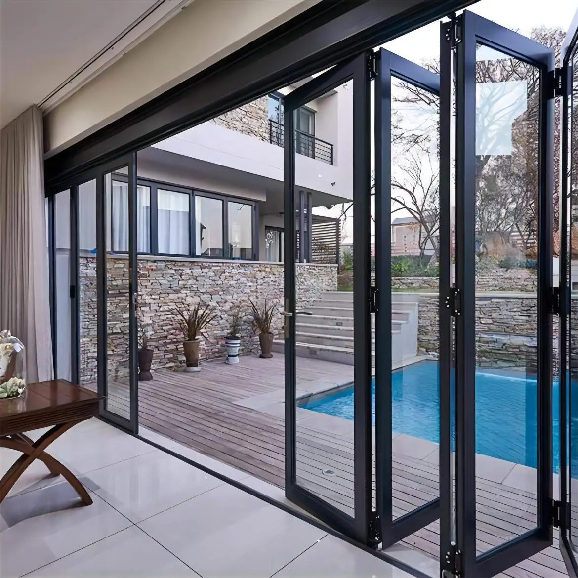 Veranda esterna moderna personalizzata Porta pieghevole grande Porta bifold a fisarmonica a doppio vetro temperato panoramico in alluminio temperato