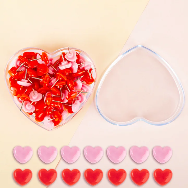 50 pieces/box Heart-shaped plastic push pins Made of high-quality cork board Safe colored push pins Office and school supplies