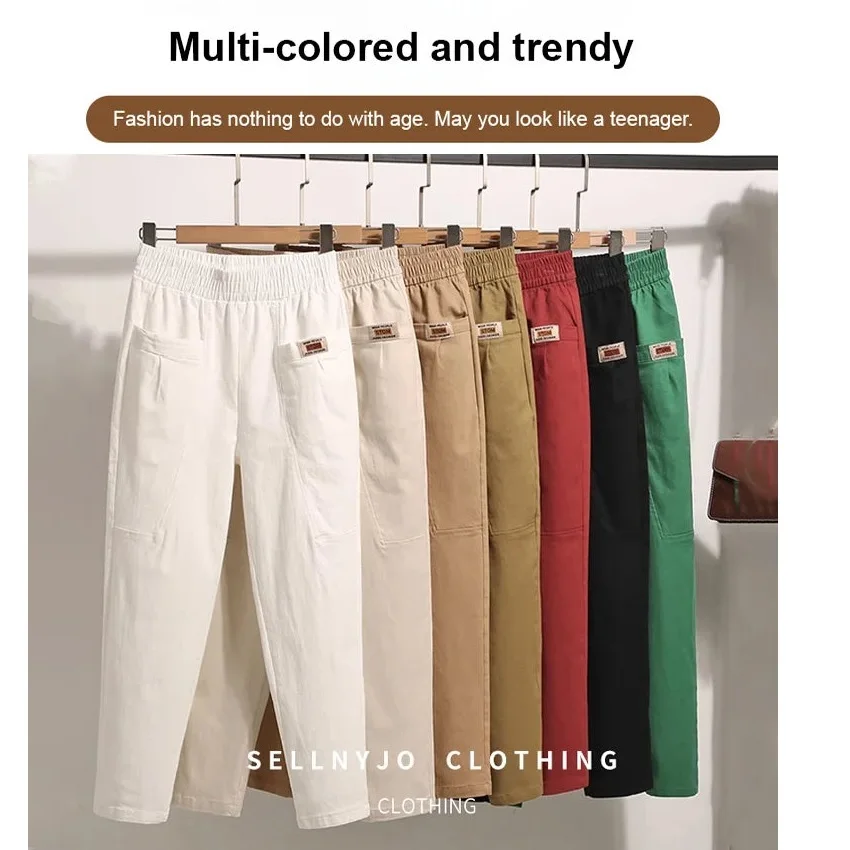 Damen-Baumwollhose mit elastischem Bund, knitterfrei, entspannte Passform, gerade Beinhose, lässige, locker sitzende Hose