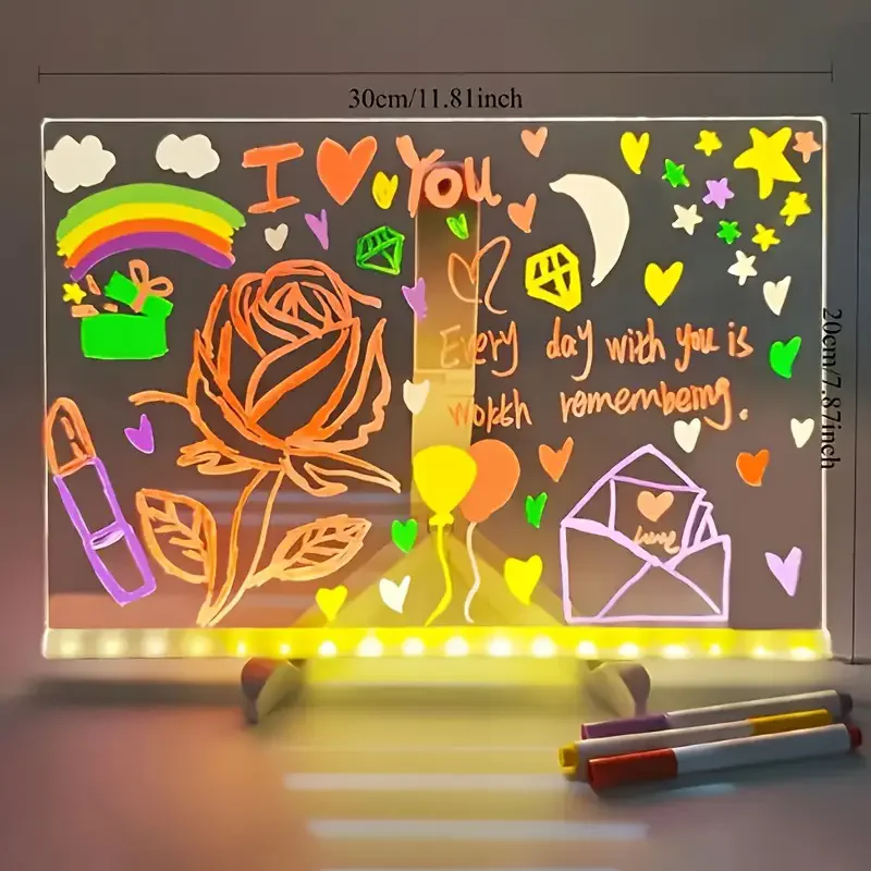 Tablero de notas LED con luz nocturna con 7 bolígrafos coloridos, tablero de mensajes acrílico DIY, tablero de dibujo de pintura borrable para niños, regalo de cumpleaños