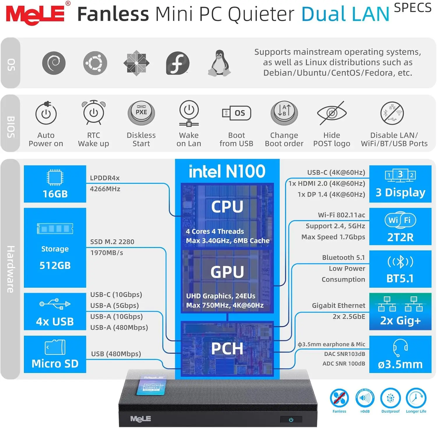 MeLE Mini PC Quieter 4C N100,Fanless PC,8GB Memory,128GB Storage, 2.4/5G Wi-Fi, Full-Functional USB-C, 4K Triple Display Desktop