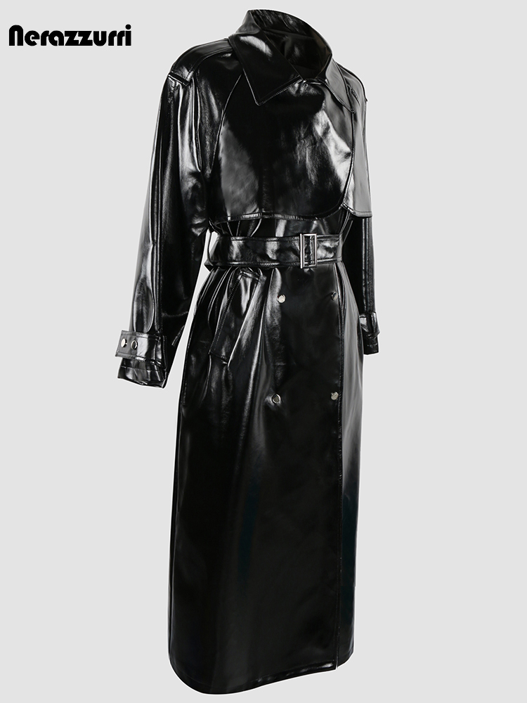 Nerazzurri ชุดโอเวอร์โค้ทสำหรับผู้หญิงหนังสังเคราะห์สิทธิบัตรสะท้อนแสงแข็งสีชมพูสดใสเสื้อฝนยาวหรูหราฤดูใบไม้ร่วงฤดูหนาว