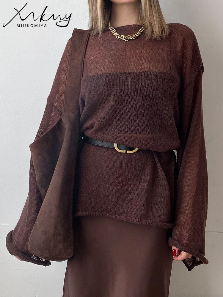 Красные футболки, тонкий вязаный пуловер оверсайз, женская летняя юбка-годе, свободные топы, футболки, прозрачный свитер, Women's long sleeve top