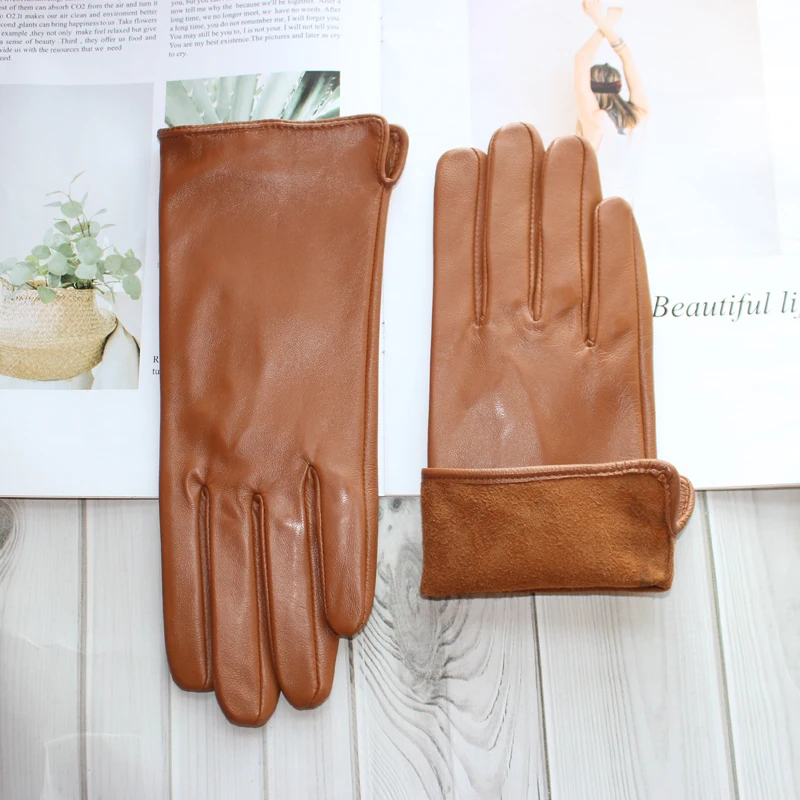 ใหม่สุภาพสตรี Sheepskin Touch Screen ถุงมือหนังเดี่ยวบาง Unlined คลาสสิกสีทึบอเนกประสงค์ตรงถุงมือขับรถ