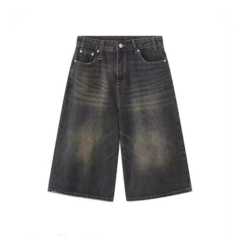 Retro Y2k holgado mujeres hombres negro Jeans cintura baja Casual pantalones anchos deshilachados pantalones cortos de mezclilla ropa de gran tamaño