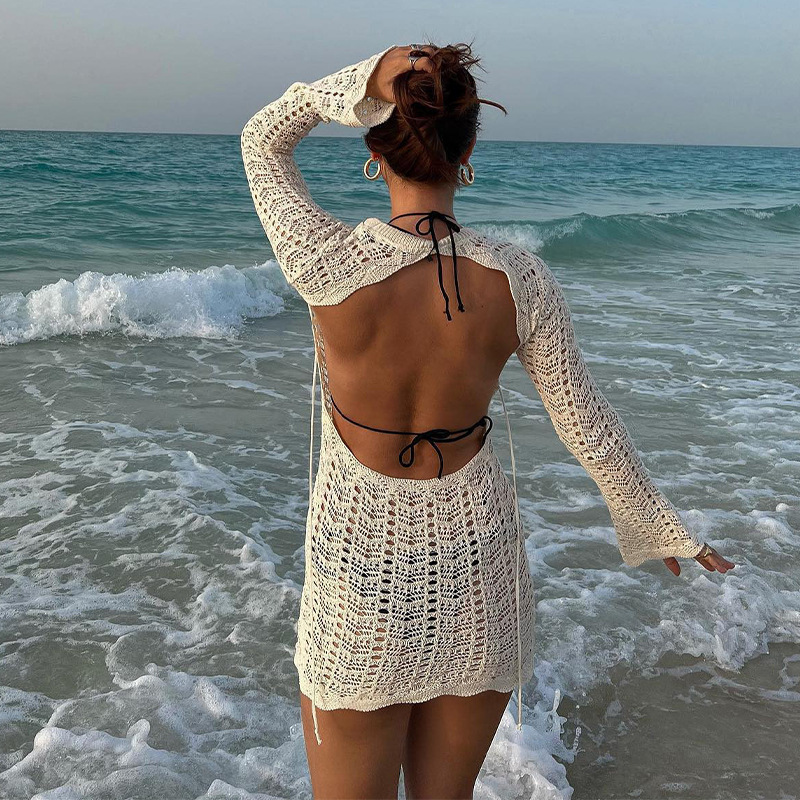 Vintage Häkeln Blume Aushöhlen Kleid Cover-Ups Chic Frauen Sexy Stricken Backless Tie-up Mini Kleid Sommer Strand urlaub Bodycon