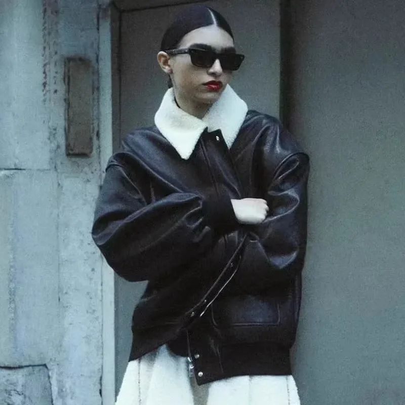 Kh@-Women's Leather Jacket with Removable Fur Collar, Thickened Coat, Loose Parkas, Faux Fur Coat Winter and Spring 2025