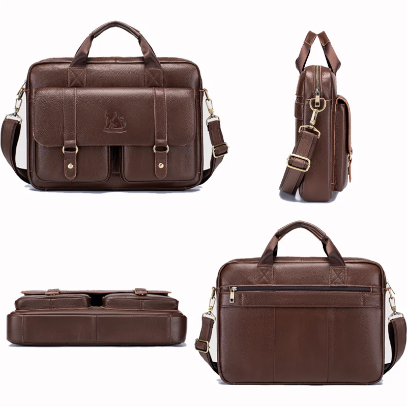 Maletín de cuero genuino para hombre con bolsillos frontales dobles, bolso para ordenador de gran capacidad, bolso cruzado Diagonal, maletín para ordenador portátil
