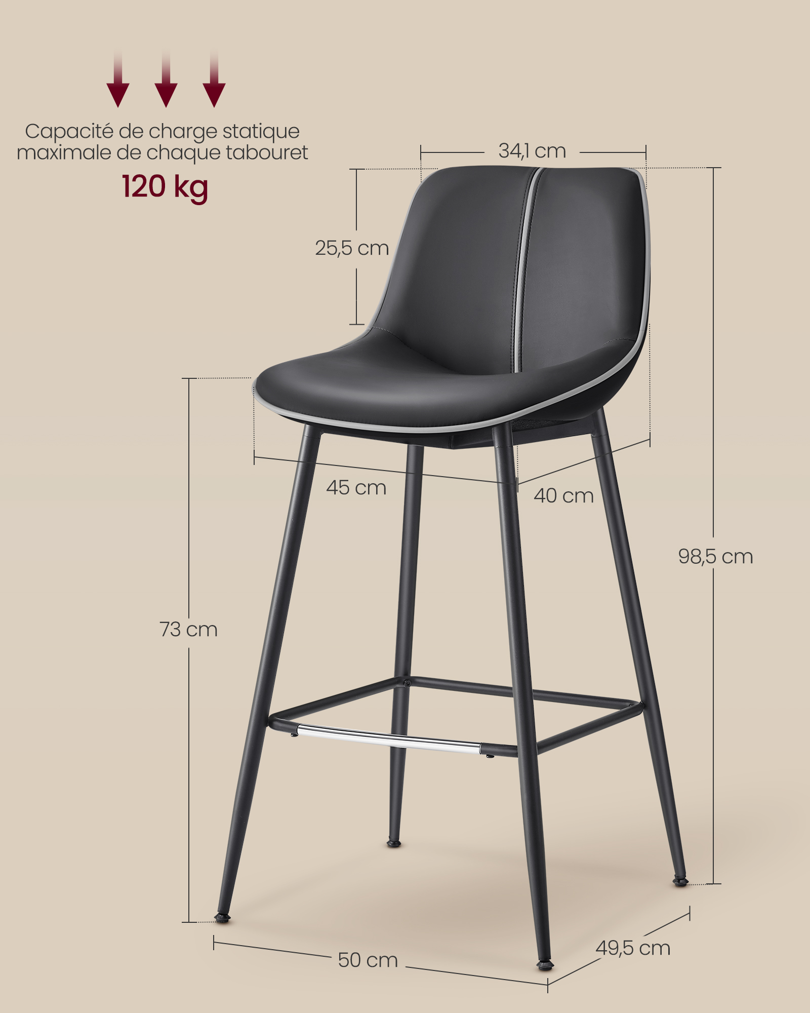 Tabourets de Bar, Lot de 2, Ergonomique, PU, Structure Métallique avec Pieds Réglables Articulés, 73 cm de Hauteur, Noir d'encre