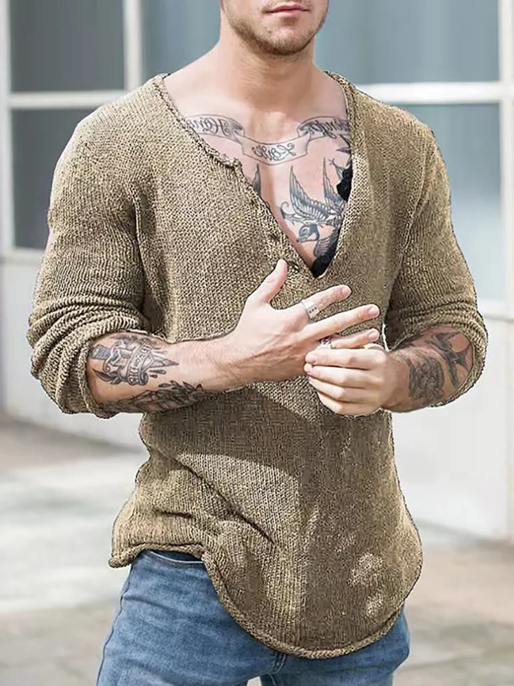 Homens com decote em v streetwear sólido básico topo casual solto masculino primavera e outono pullovers simplicidade fino ajuste manga longa camisola fina