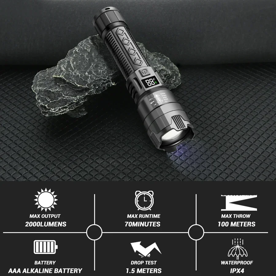 Hochstarke LED-Taschenlampen, 2000 lm, taktische Taschenlampe mit Display-Licht, USB-Aufladung, Camping, Angeln, Notfall-Zoom-Laterne