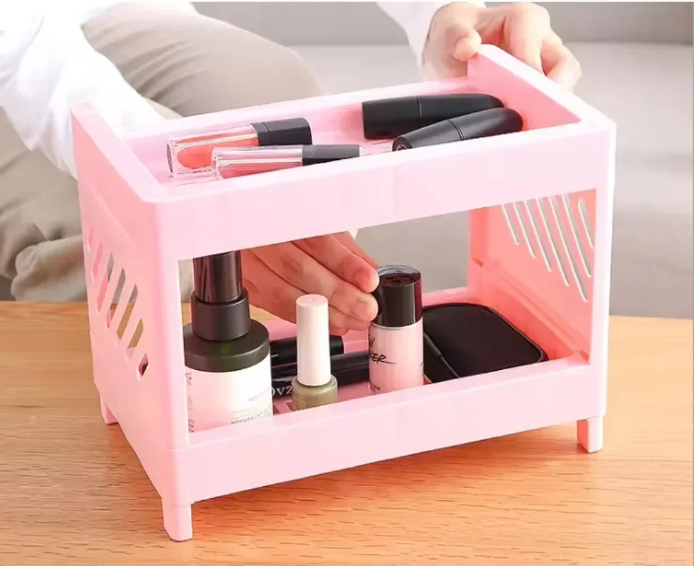 1PC PP Desktop Double Layer Storage Rack Rectangular White Organizing Student Desk Office Cosmetics Stationery