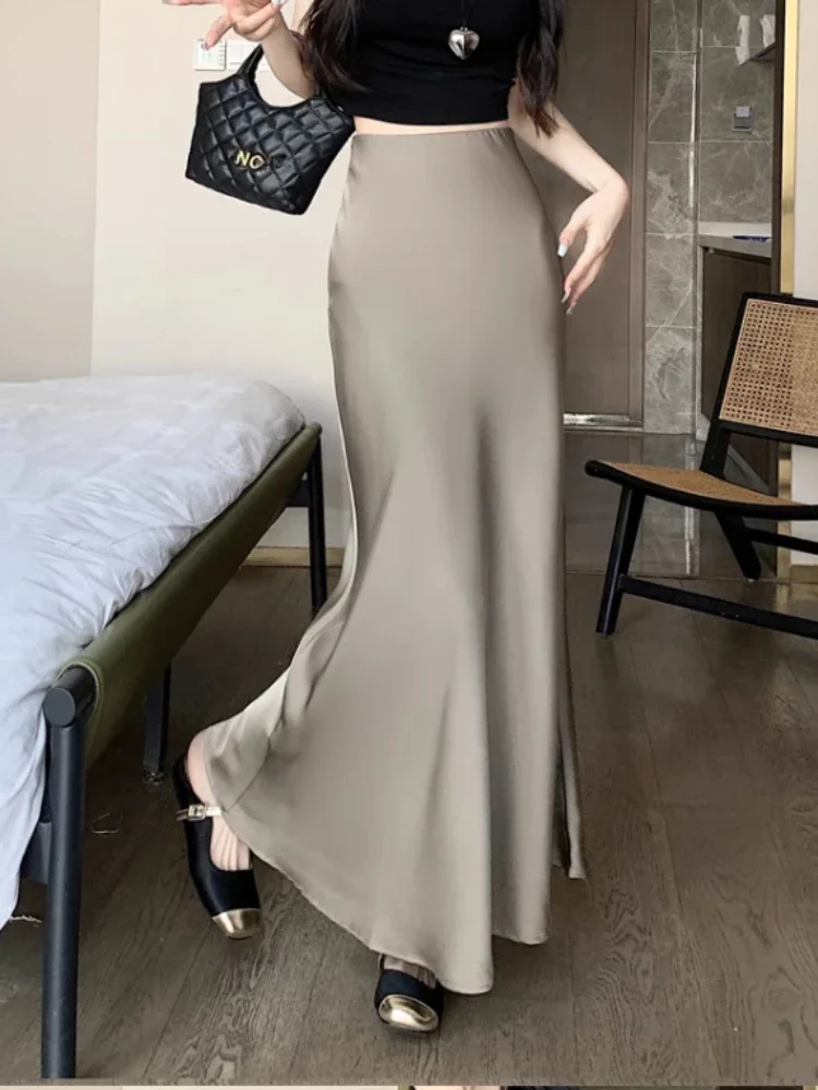 女性用シルクサテンロングスカート,ハイウエスト衣類,韓国ファッション,シャンパンカラー,ブラック,サマーコレクション2020