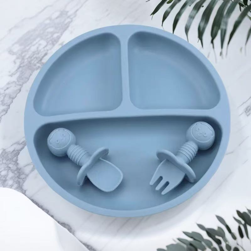 Ensemble d'alimentation en Silicone, 3 assiettes à ventouse ours de dessin animé avec cuillères et fourchettes, adaptées aux vaisselle sans BPA pour enfants de moins de 6 ans