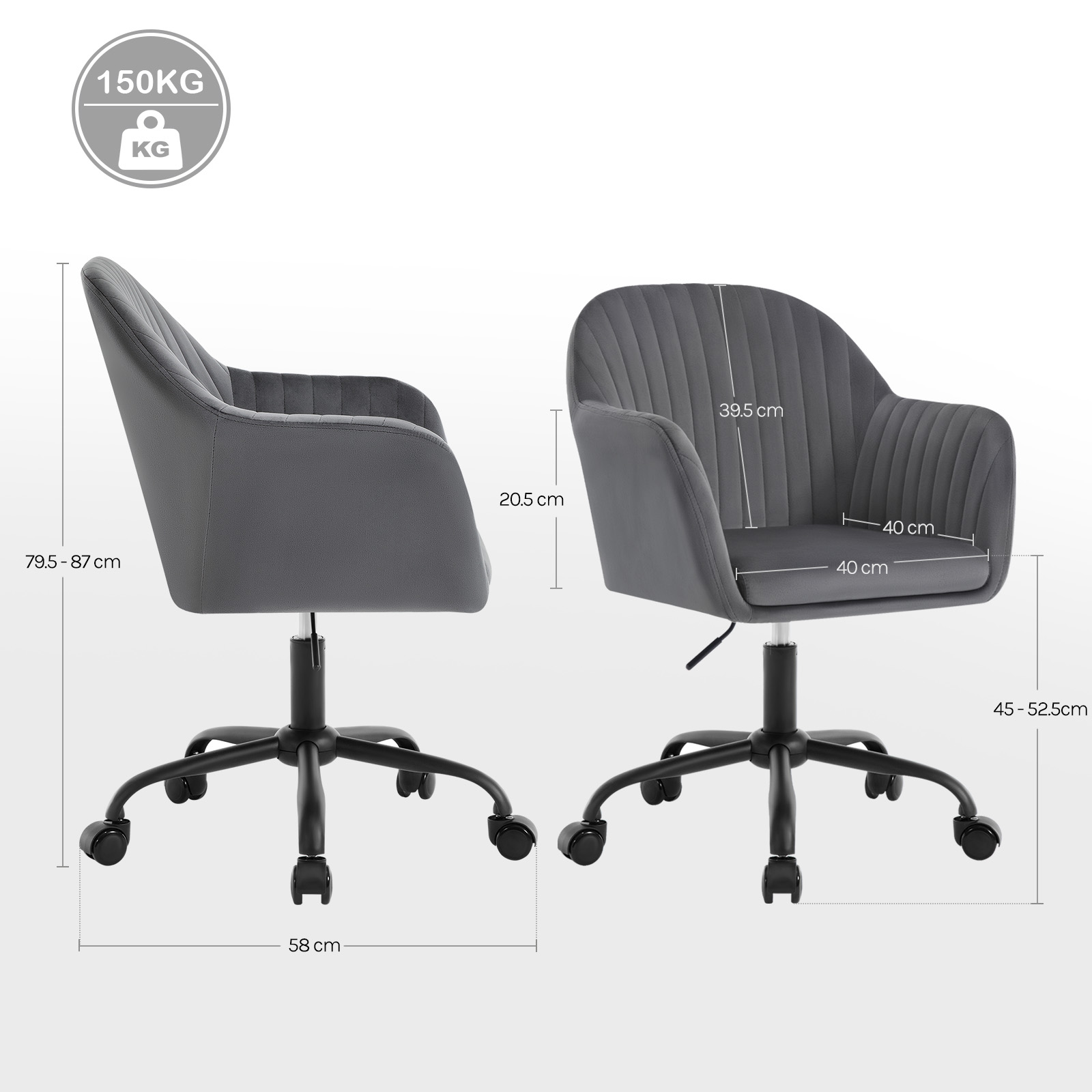 WOLTU Fluwelen bureaustoel Ergonomische dressing make-up stoel In hoogte verstelbare draaifauteuil met gewatteerd zitwiel