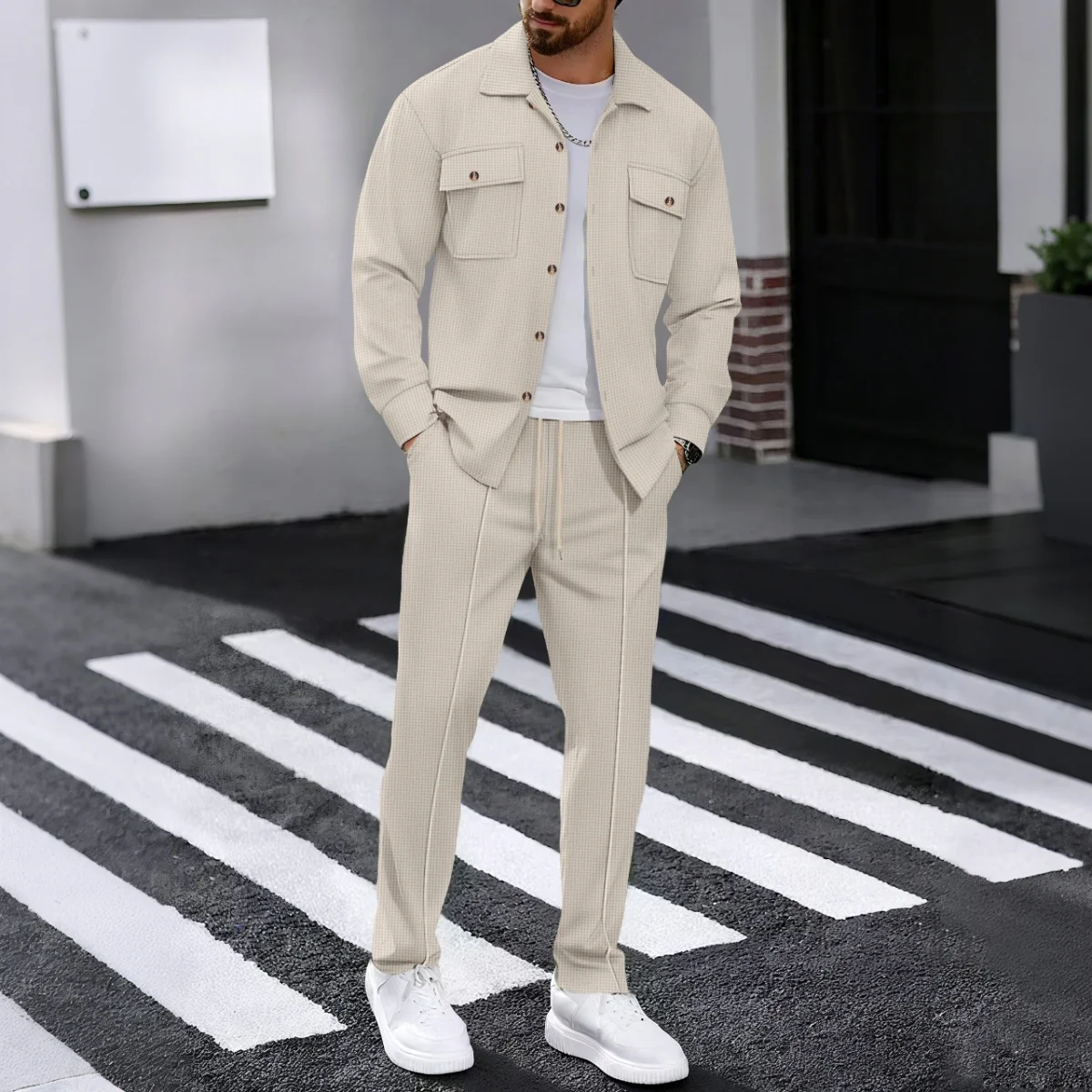 Männer Frühling Herbst Casual Anzug Street Style Einfarbig Lose Gepolsterte Lange Ärmeln Zwei-Stück Set Modische Oberbekleidung anzug set