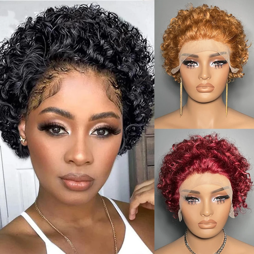 Short Curly Wig Transparent Lace Front Human Hair Wig Pixie Cut Wigs Brazilian Water Wave Human Hair Wigs For Women