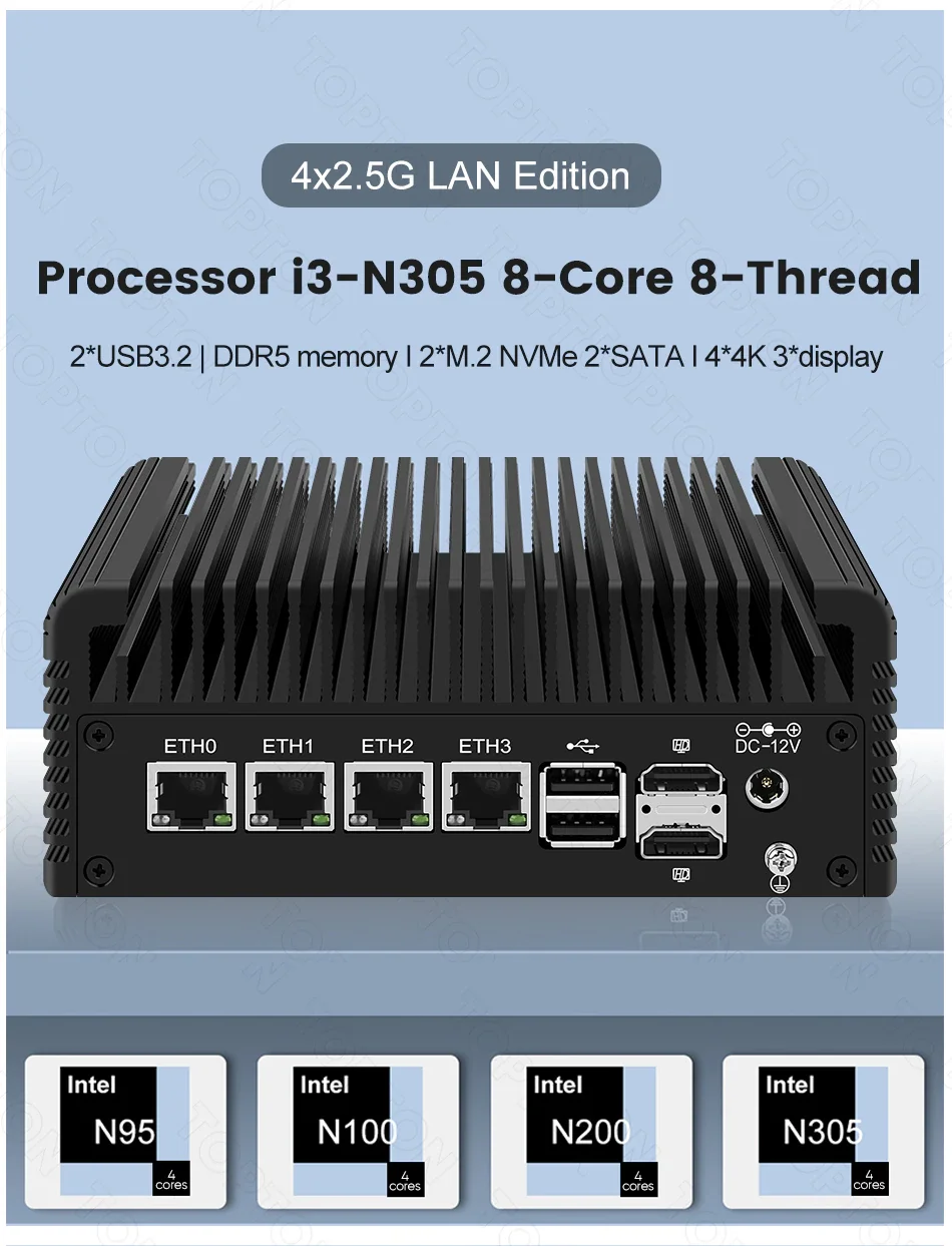 Lüfterloses N150 i3 N355 Industrial Mini PC Firewall Appliance 4*2.5Gbe i225 LAN POE 2xHDMI2.1 1xDP1.4 1xType-C Home Network Pfsense