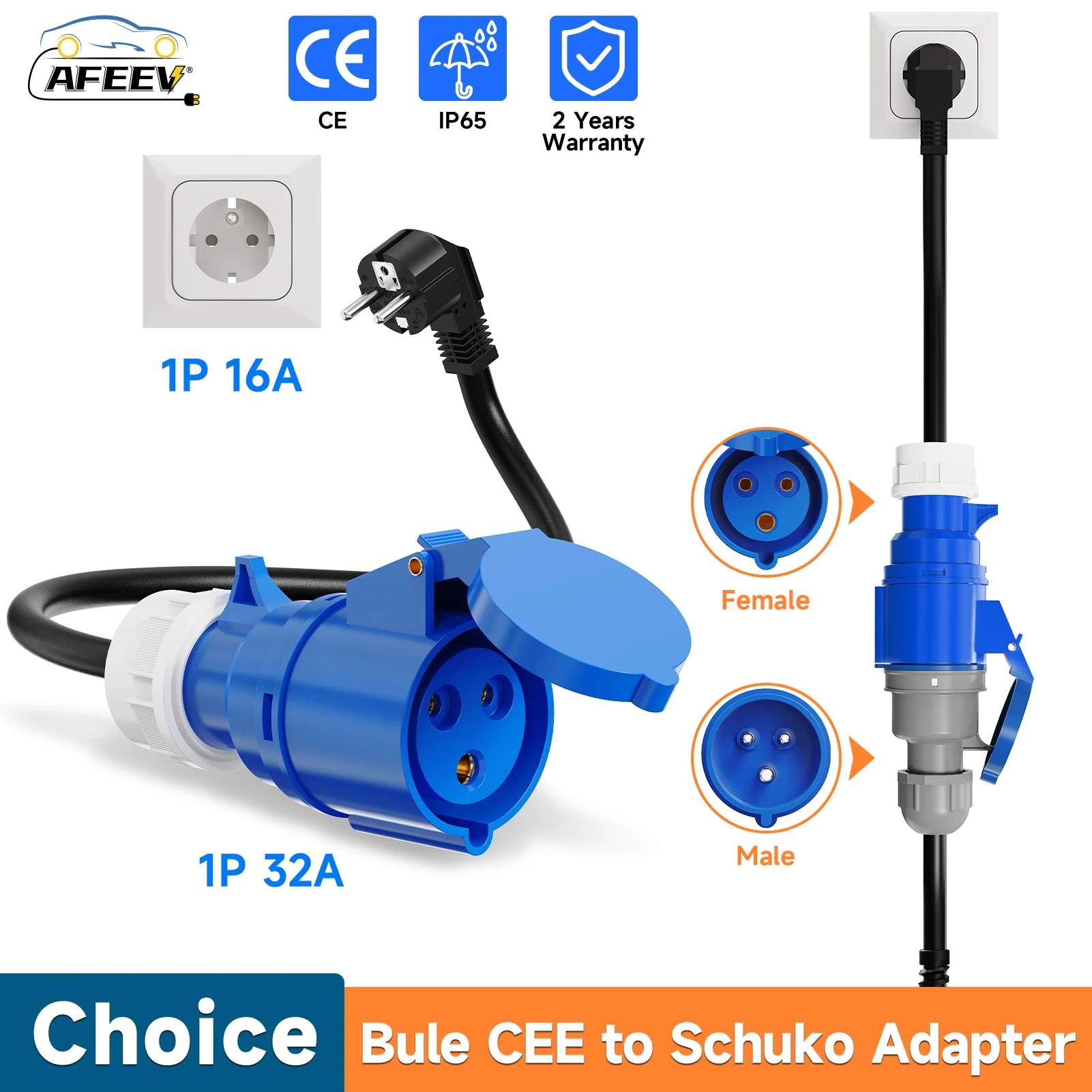 AFEEV EV Зарядное устройство CEE Гнездовой разъем 3-контактный адаптер Bule CEE к Schuko Настенная розетка Удлинительный кабель Подключение с 7-кВт 32А 1-фазным зарядным устройством