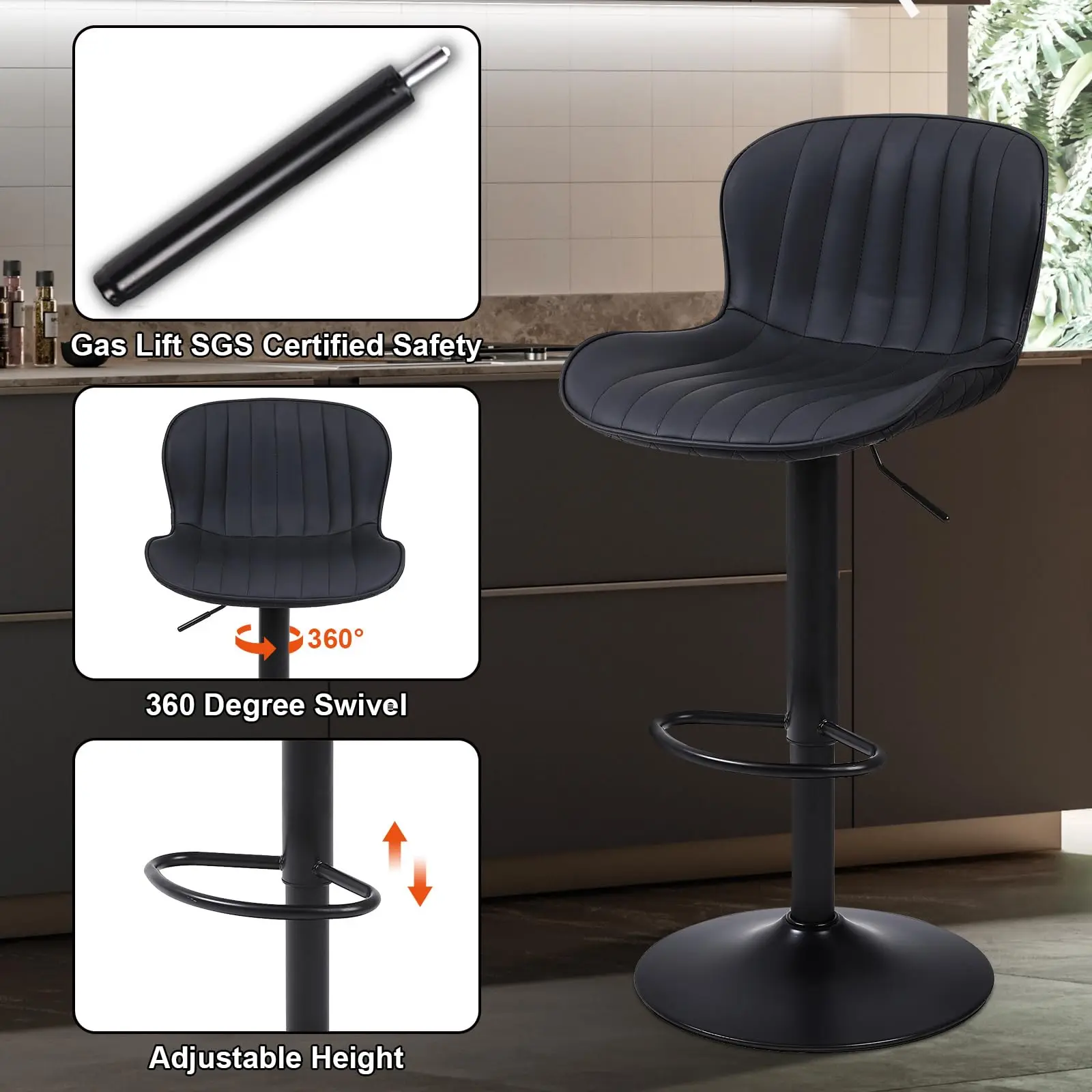 Ralex-Stuhl, Küchenhocker, 3er-Set, höhenverstellbare Barhocker mit Rückenlehne und Fußstütze, hohe Hocker für die Küche, schwarz