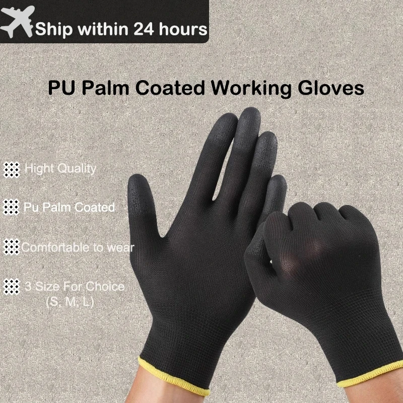 2/6/12 Pairs Nylon Knitted Gloves With PU Coated Work Safety Gloves Gardener Builder Driver Mechanic Protective Gloves Supplies