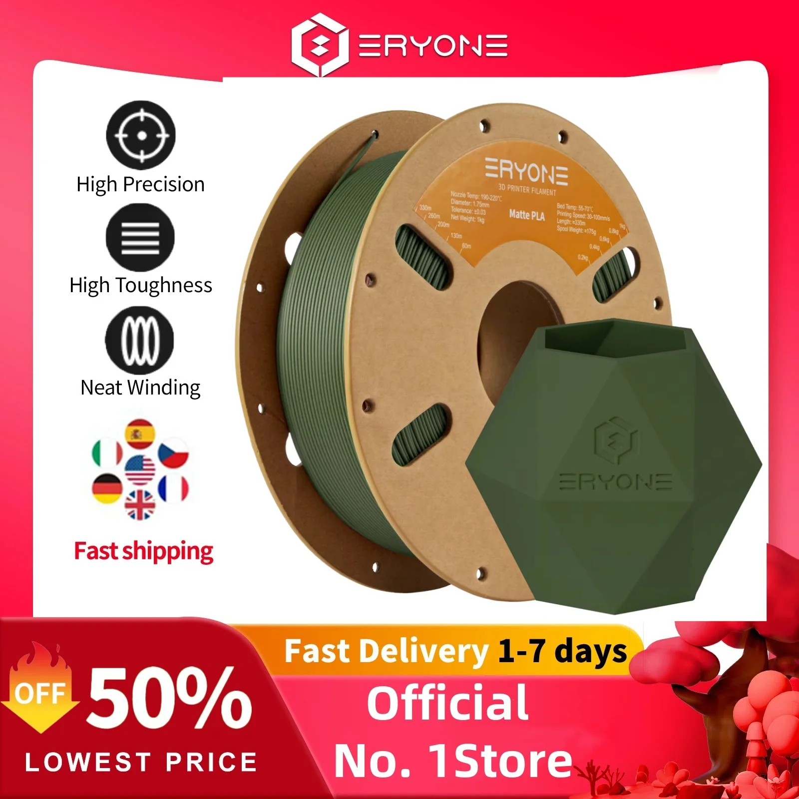 ERYONE 1/3/5/10KG Matte PLA Premium Filament 1,75mm 3D Print, Veelkleurig Beschikbaar, grote verkoop matte pla filament, 1KG/Spool