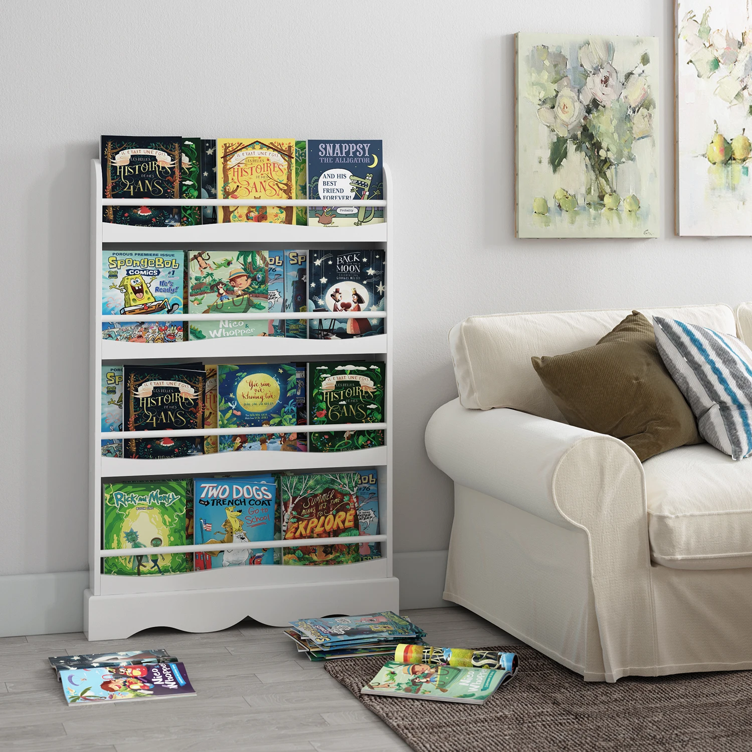 Getone Libreria per bambini, libreria per bambini a 4 livelli, espositore bianco ripiani autoportanti 118x80x11,5 cm