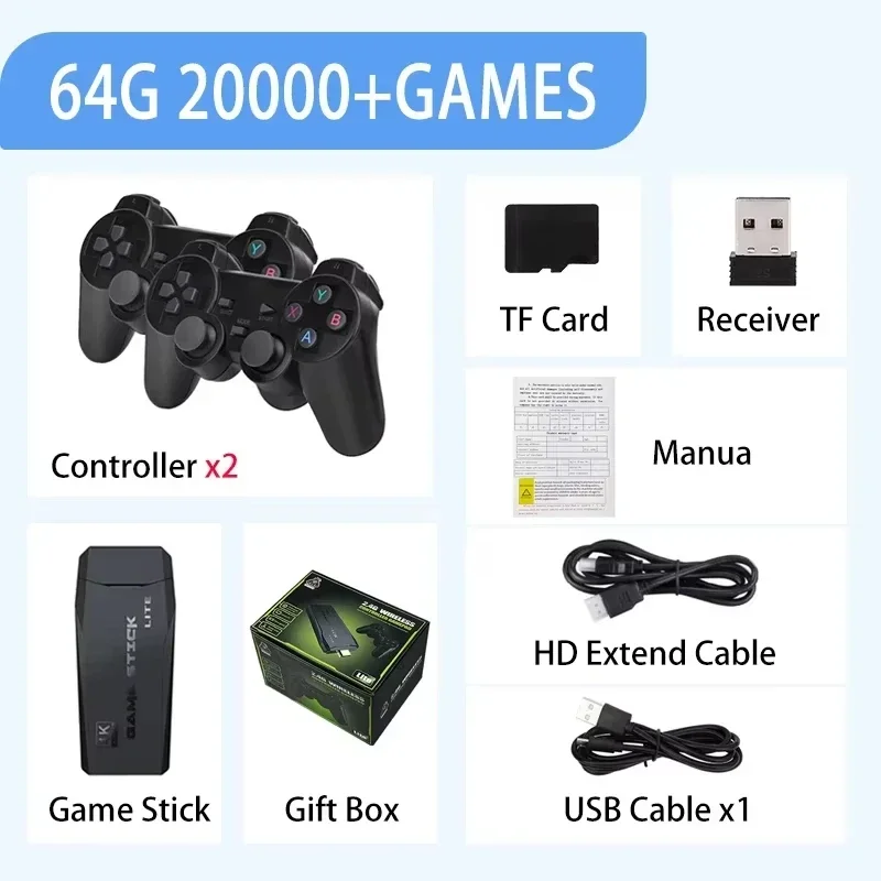 64GB 20000 Giochi Console per videogiochi retrò M8 Game Stick 4K 2.4G Console wireless Dendy GameStick per GBA/MD/PS1 Regalo per bambini