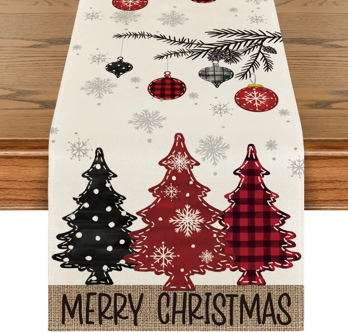 Feliz Navidad, pino rojo, camino de mesa de lino, invierno, Navidad, fiesta, cocina, decoración de mesa de comedor, decoraciones navideñas 2025