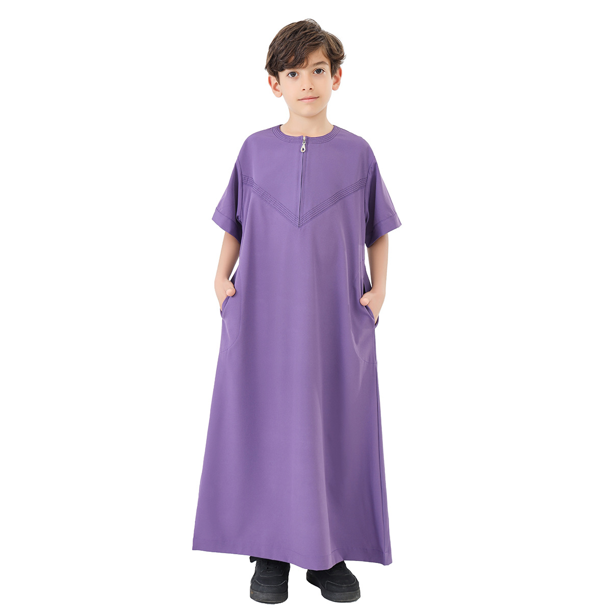 Jongen Jubba Thobe Kinderjurk Eid Moslim Lang Gewaad Rits Korte Mouw 2025, Ramadan Kind Saudi Wear Abaya Caftan Dubai Arabisch