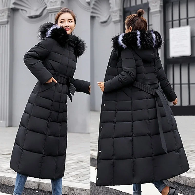 2023เสื้อแจ็คเก็ตฤดูหนาวใหม่ผู้หญิงแฟชั่นโบว์เข็มขัดFox Fur Collar Coatชุดยาวผู้หญิงเสื้อหนา