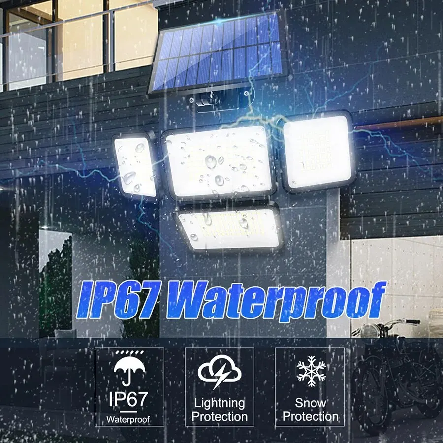 ไฟพลังงานแสงอาทิตย์สําหรับภายนอก 247 LED IP65 กันน้ํา 800lm โคมไฟติดผนังพลังงานแสงอาทิตย์พร้อมรีโมทคอนโทรล 4 หัวพลังงานแสงอาทิตย์น้ําท่วมไฟถนน