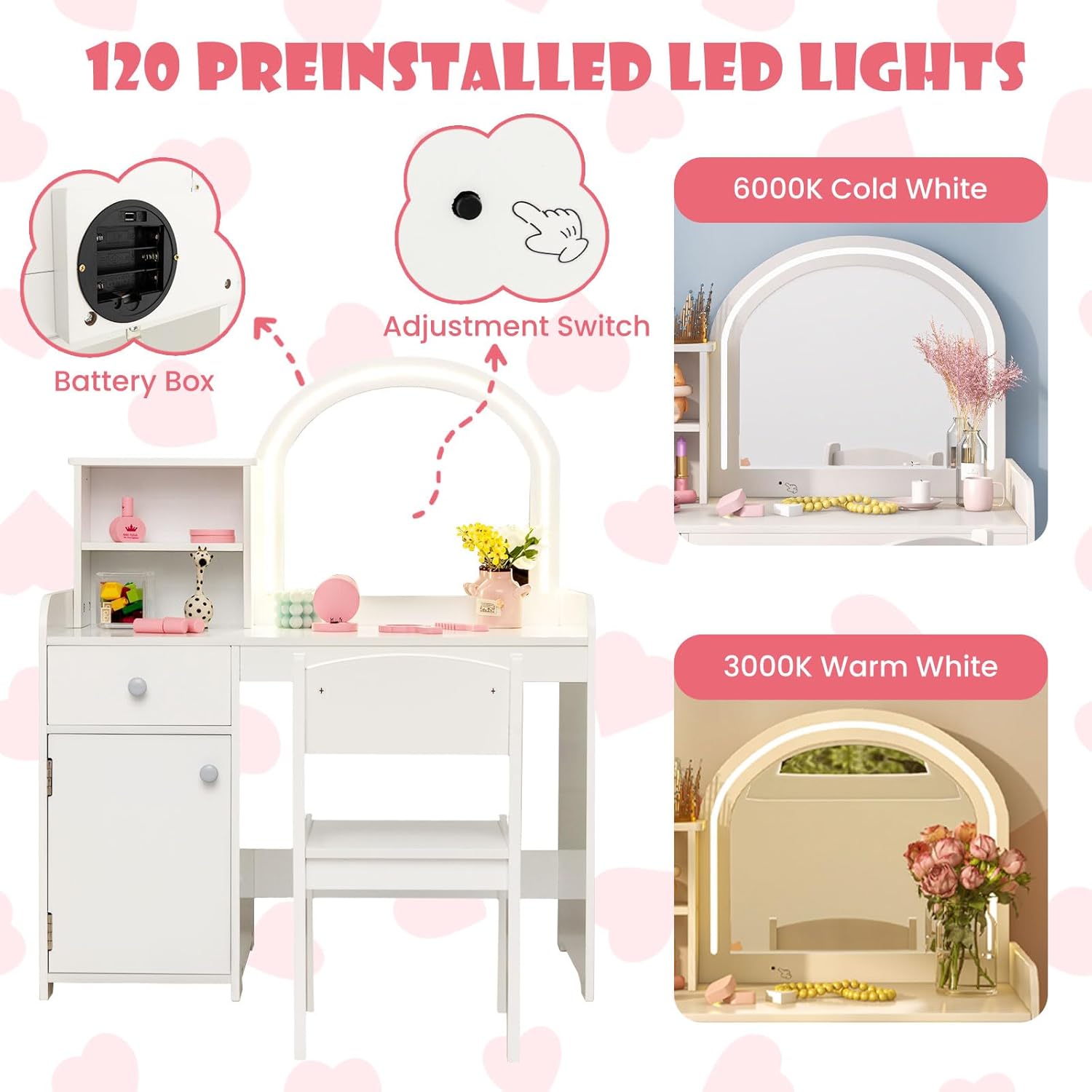 Kids Vanity, Princess Makeup Desk and Chair Set with Lights Mirror Drawer Storage Shelves, Wooden Dressing Table, Pretend Play