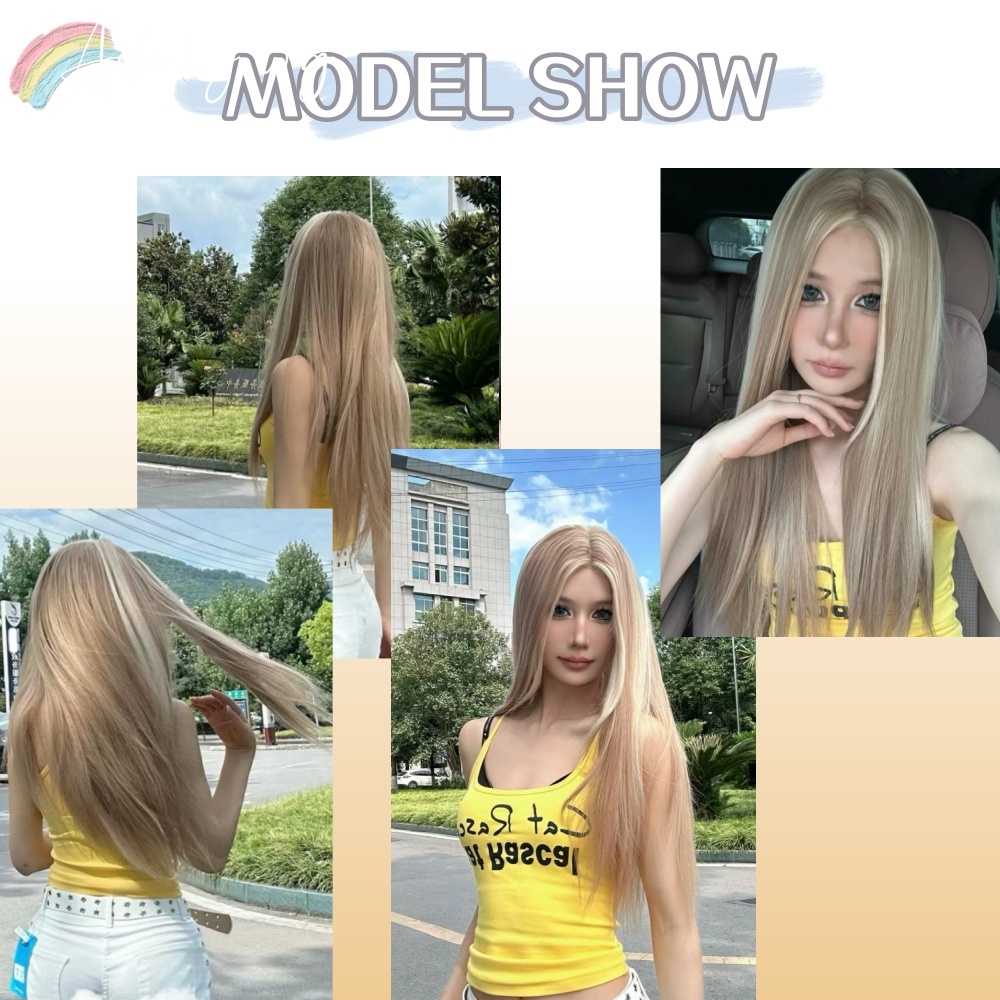 Ashley วิกผมผู้หญิงยาวตรงสีบลอนด์วิกผมสีน้ําตาลเอเชียอเมริกันสไตล์วิกผมลูกไม้ด้านหน้าด้านหน้าสําหรับทุกวันคอสเพลย์ Ombre Peluca