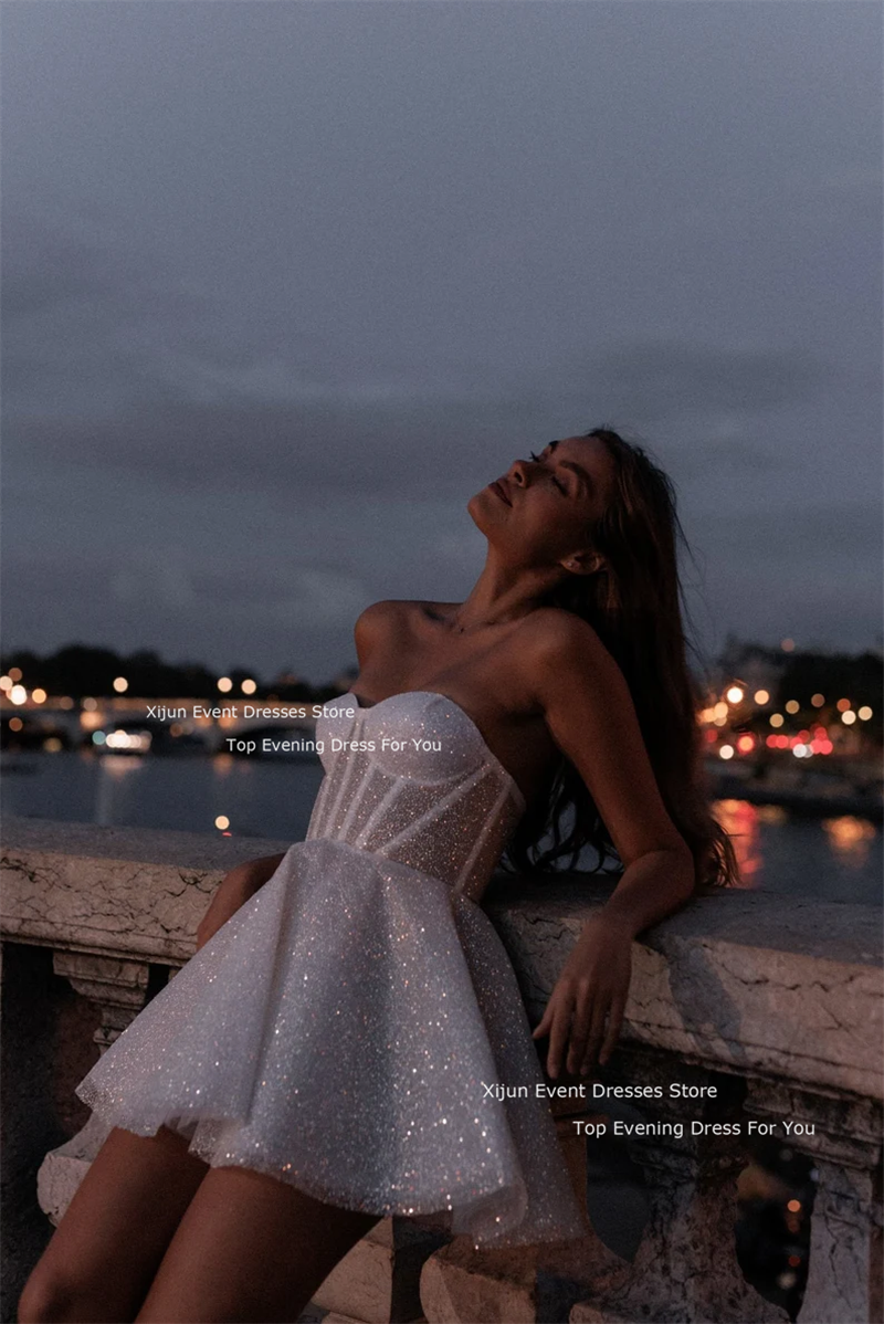 Xijun 반짝이 웨딩 드레스, 연인 민소매 무도회 드레스, 얇은 명주 그물 짧은 신부 가운, 신부 가운, 드 노비아