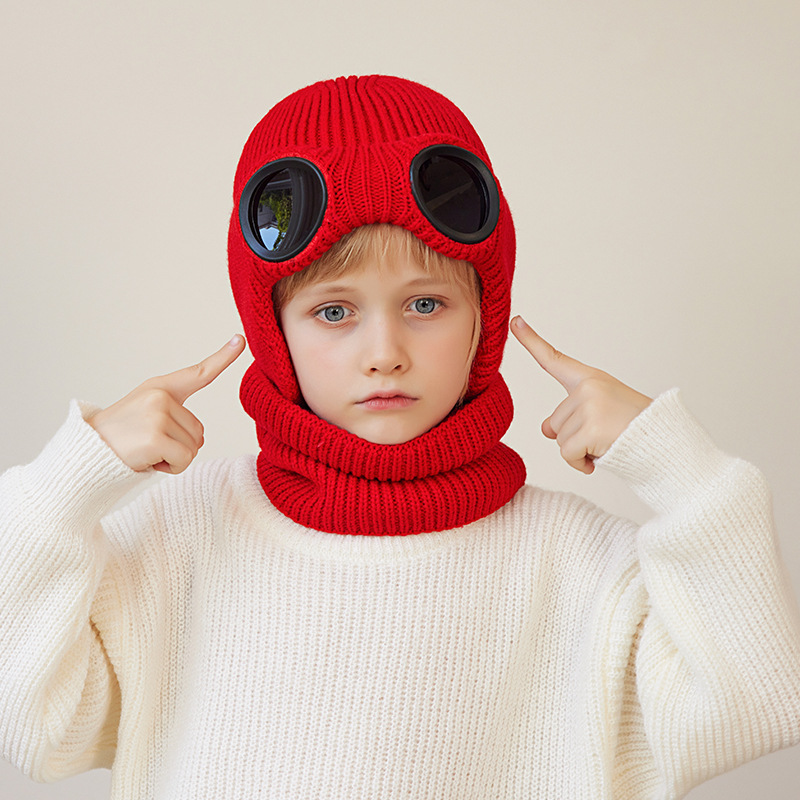 Gorro de invierno para niños de esquí, conjunto de bufanda, gorro tejido para niños con gafas, protección para los oídos, gorros para niñas y niños de 4 a 10 años