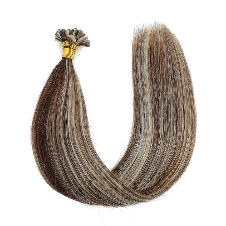 Extensões de cabelo humano remy com ponta em v reta, extensão de cabelo de fusão com ponta em v pré-ligada, cápsulas de queratina, 12-26"