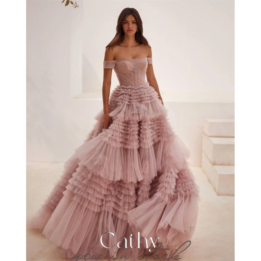 Vestido De Fiesta De tul con hombros descubiertos, traje elegante De malla multicapa, sin mangas, tren largo, 2024