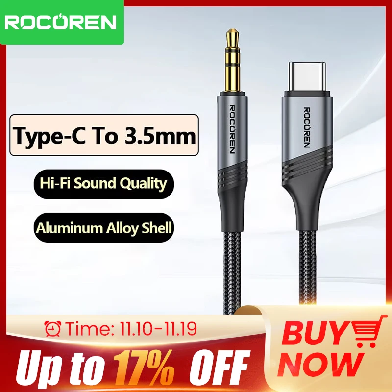 Rocoren tipo C a Cable de Audio auxiliar de 3,5mm macho a macho sonido Hi-Fi conector de 3,5mm adaptador de auriculares para teléfonos portátil tableta Audio de coche