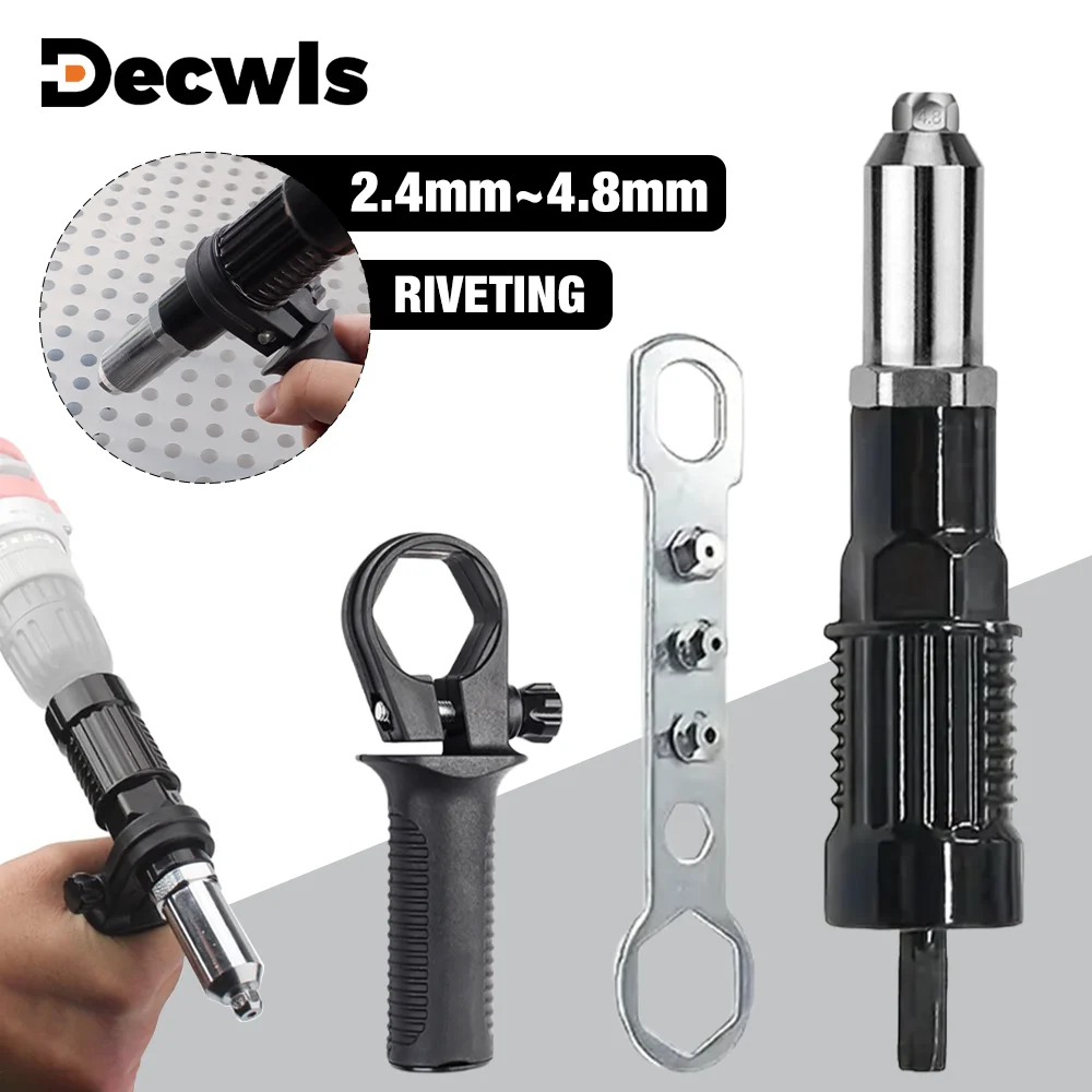 Máquina de rebite, adaptador de pistola de rebite elétrica, ferramenta de rebite de 2,4 mm-3,2 mm-4,0 mm-4,8 mm, rebitador doméstico, adequado para furadeira elétrica, pistola de rebite de liga de alumínio sem fio