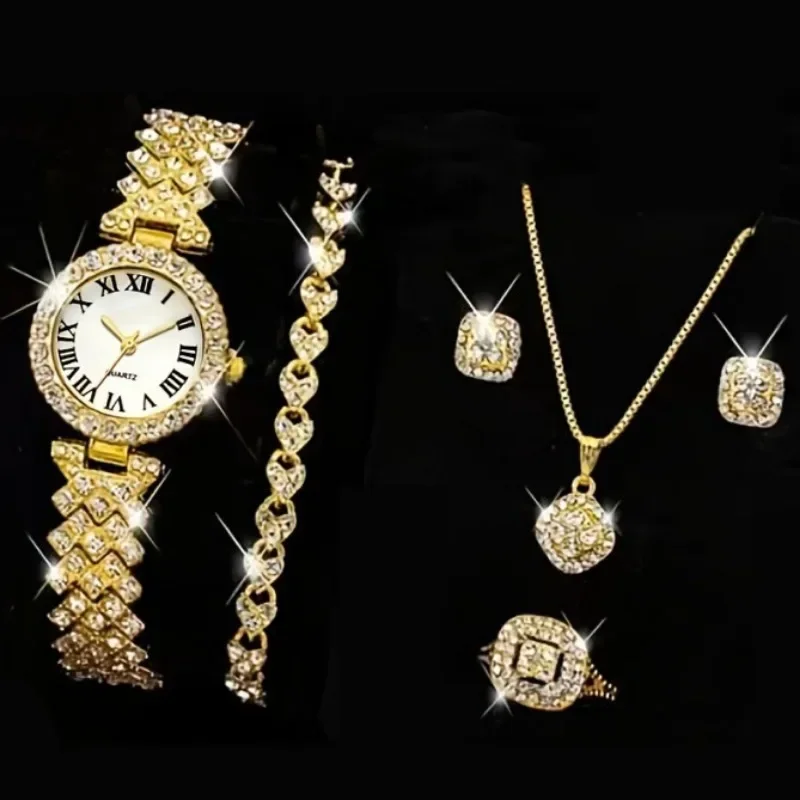 Conjunto de 6 uds de Reloj para mujer, Reloj con esfera romana, diseño de marca de lujo, Reloj de pulsera informal de cuarzo para mujer, conjunto de pulsera para mujer, Reloj para mujer