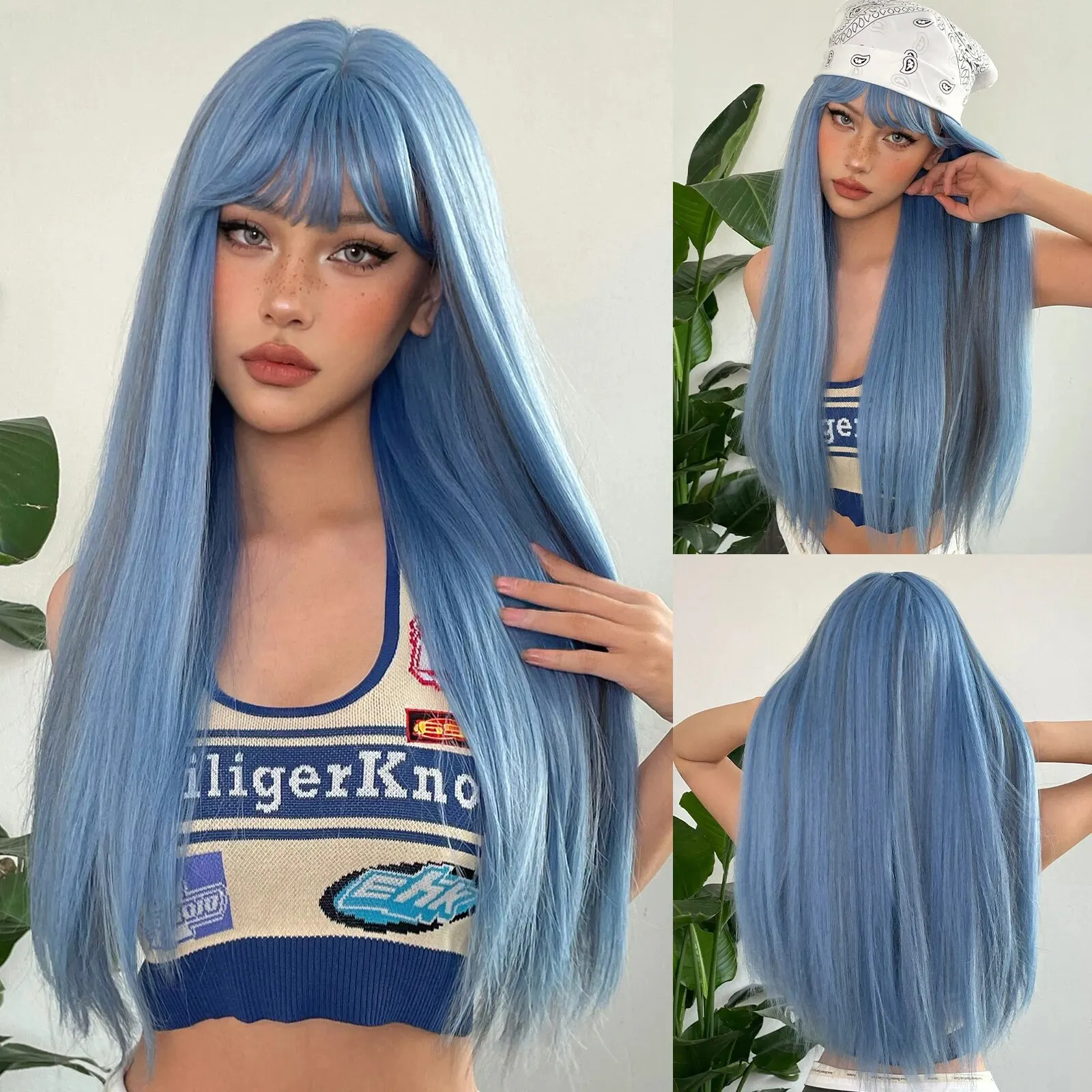 Perucas sintéticas retas longas com franja para mulheres, destaque azul e cinza, cosplay, peruca natural, resistente ao calor, diária