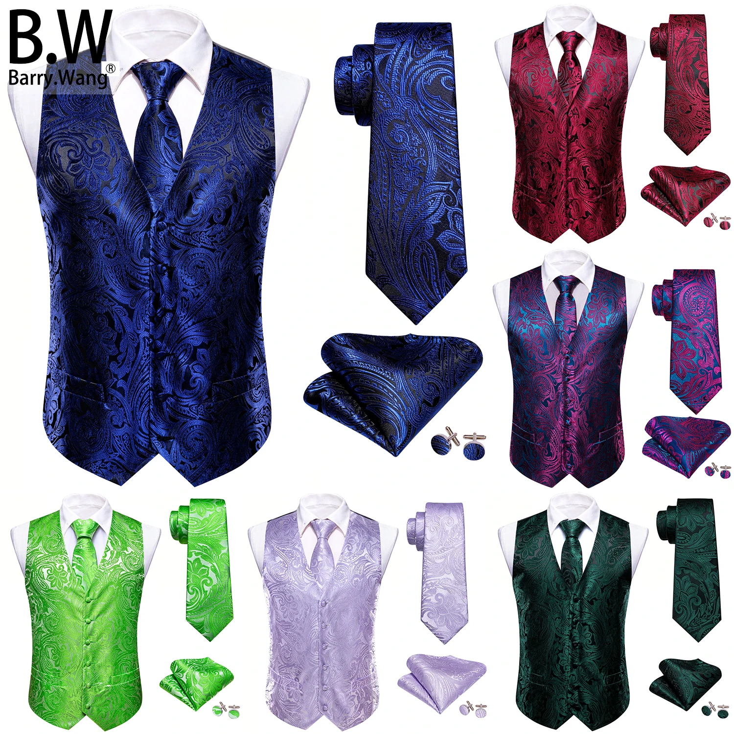 Barry.Wang Seide Herren Weste Jacquard Grün Blau Rot Gold Rosa Weste Krawatte Einstecktuch Manschettenknöpfe Set Hochzeit Business Ärmellose Jacke