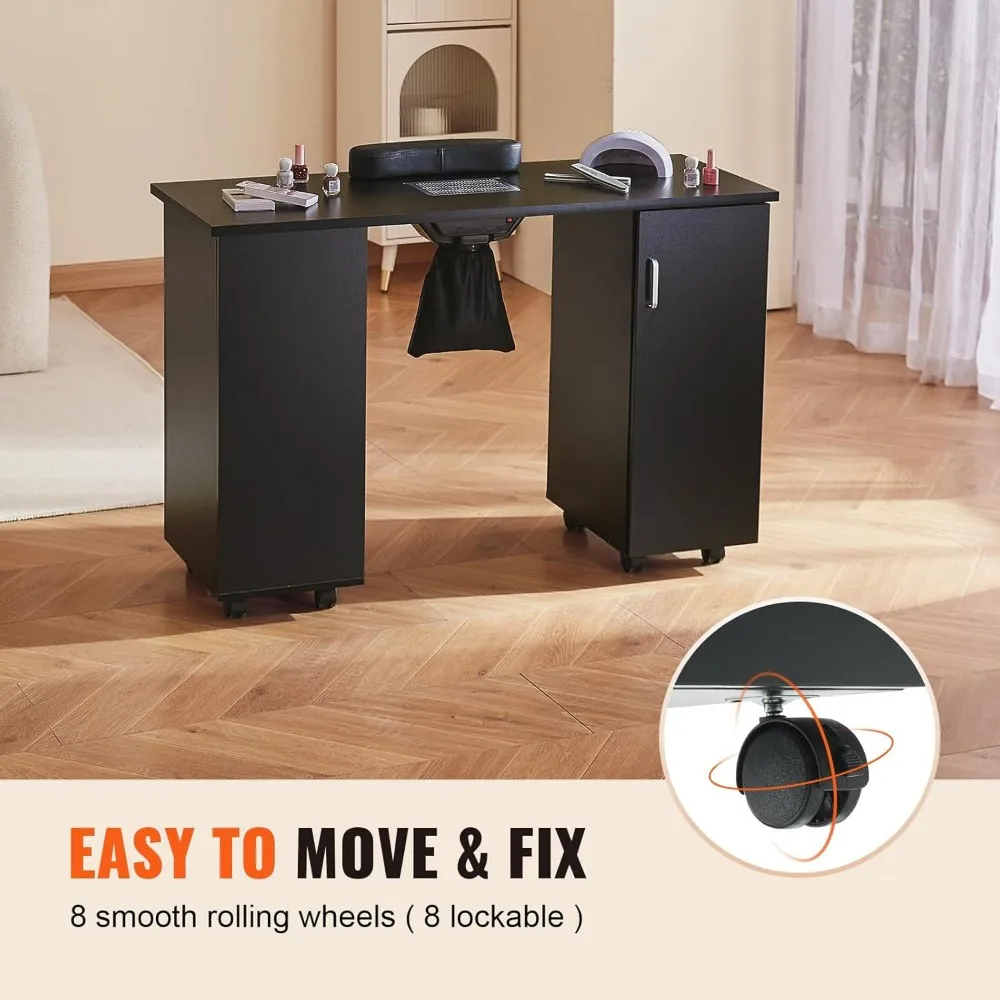 Manicure Table, Nail Table Station with Electric Dust Collector, Moveable Nail Tech Desk with 8 Wheels (8 Lockable), 3 Dust Bag