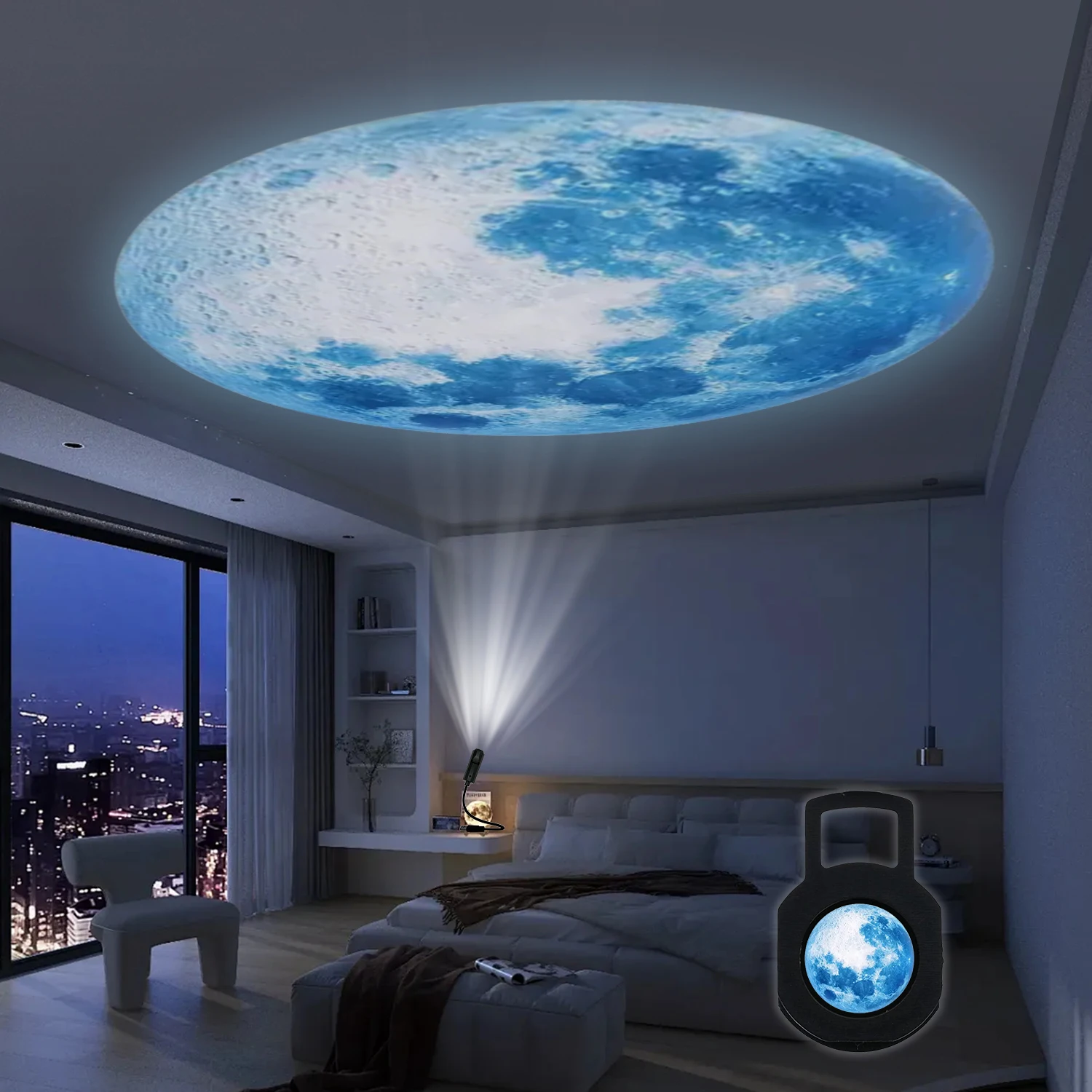 Lâmpada giratória recarregável do projetor da estrela da lua, luz noturna do diodo emissor de luz do planeta azul, presente romântico da decoração do quarto para crianças e amantes
