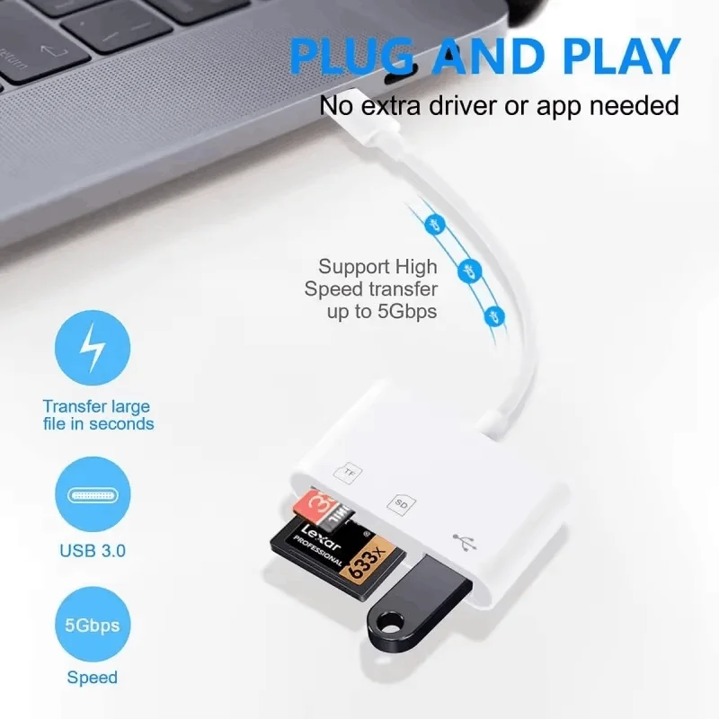 3 in 1 ประเภท C & Lightning อะแดปเตอร์พอร์ต TF CF SD Card Reader USB Hub Converter สําหรับโทรศัพท์ Macbook Ipad