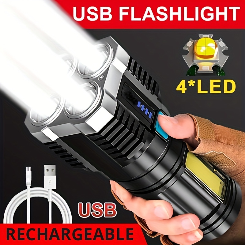 Lampe de poche Portable puissante à 4 LED, avec lumière latérale COB, 4 Modes, torche Rechargeable par USB, outil de Camping, projecteur pour l'extérieur