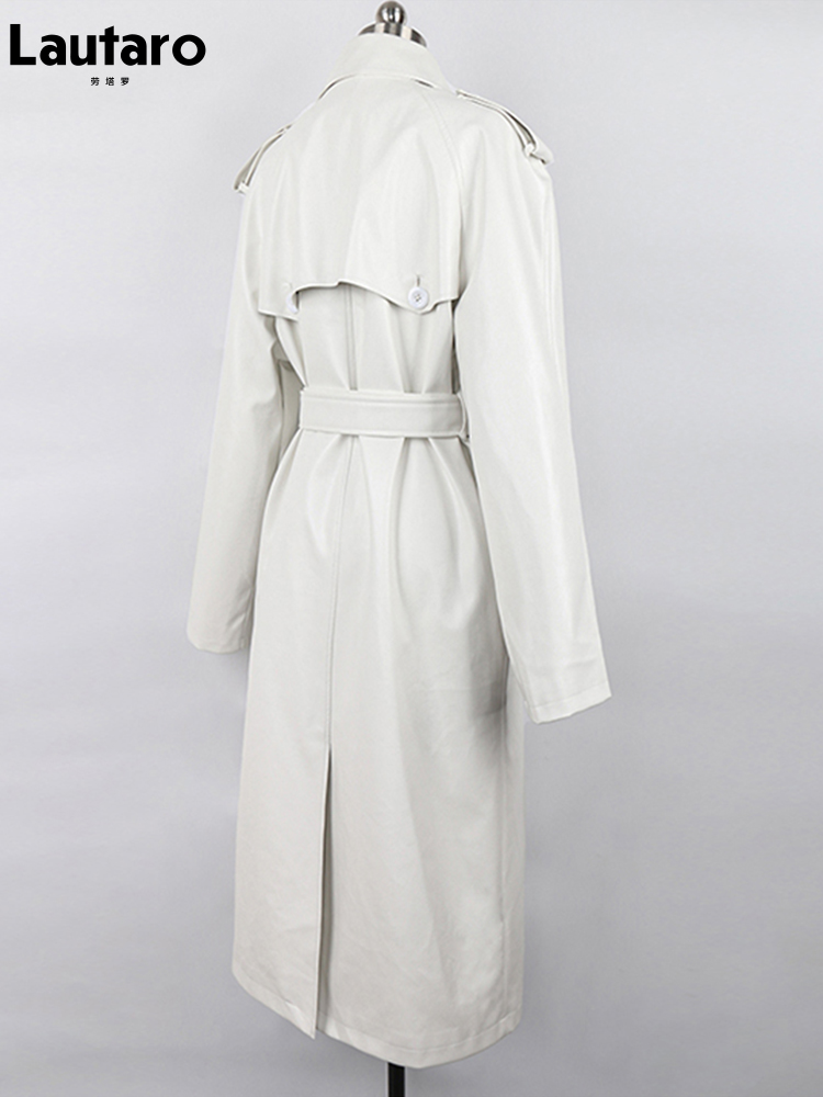 Lautaro-女性用のフェイクレザートレンチコート,エクストラロング,特大,長袖ベルト,ダブルブレスト,ルーズフィット,ファッショナブル,2021