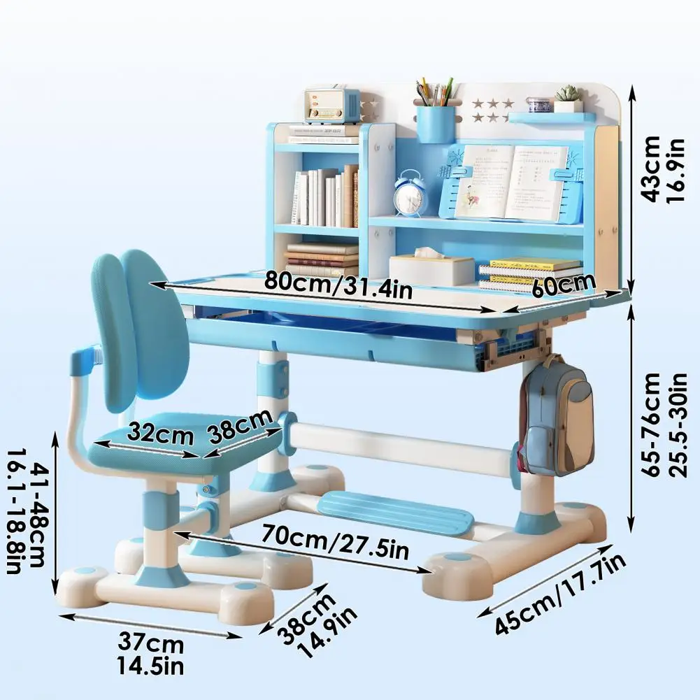 Conjunto de mesa e cadeira de aprendizagem para jovens azuis, mesa de aprendizagem escolar para jovens com altura ajustável e conjunto de cadeiras, com estante