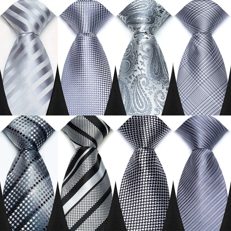 Classic 8CM Polyester Ties For Men Formal Business Silver Gray Paisley Stripes Dot Neckties Handmade College Shirt Neckwear